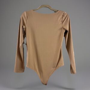 Express Sz M Beige Long Sleeve Body Contour Bodysuit High Neck & Low Scoop Back